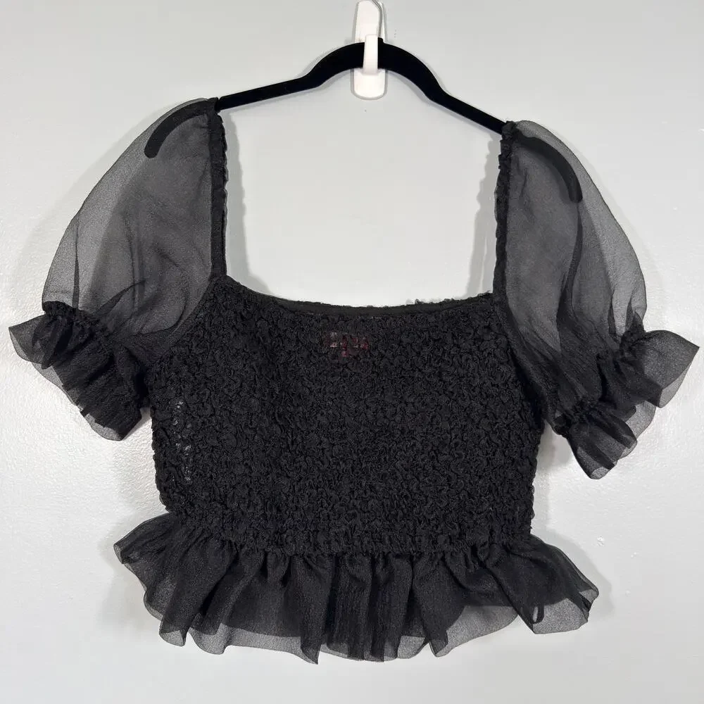STAUD Cannon Organza Smocked Puff Sleeve Crop Top Black Size Small